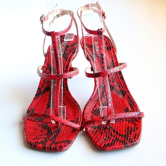 SCHUTZ Red Black Snakeskin Strappy Open Square Toe  Heeled Sandals Summer Shoes - Picture 11 of 16